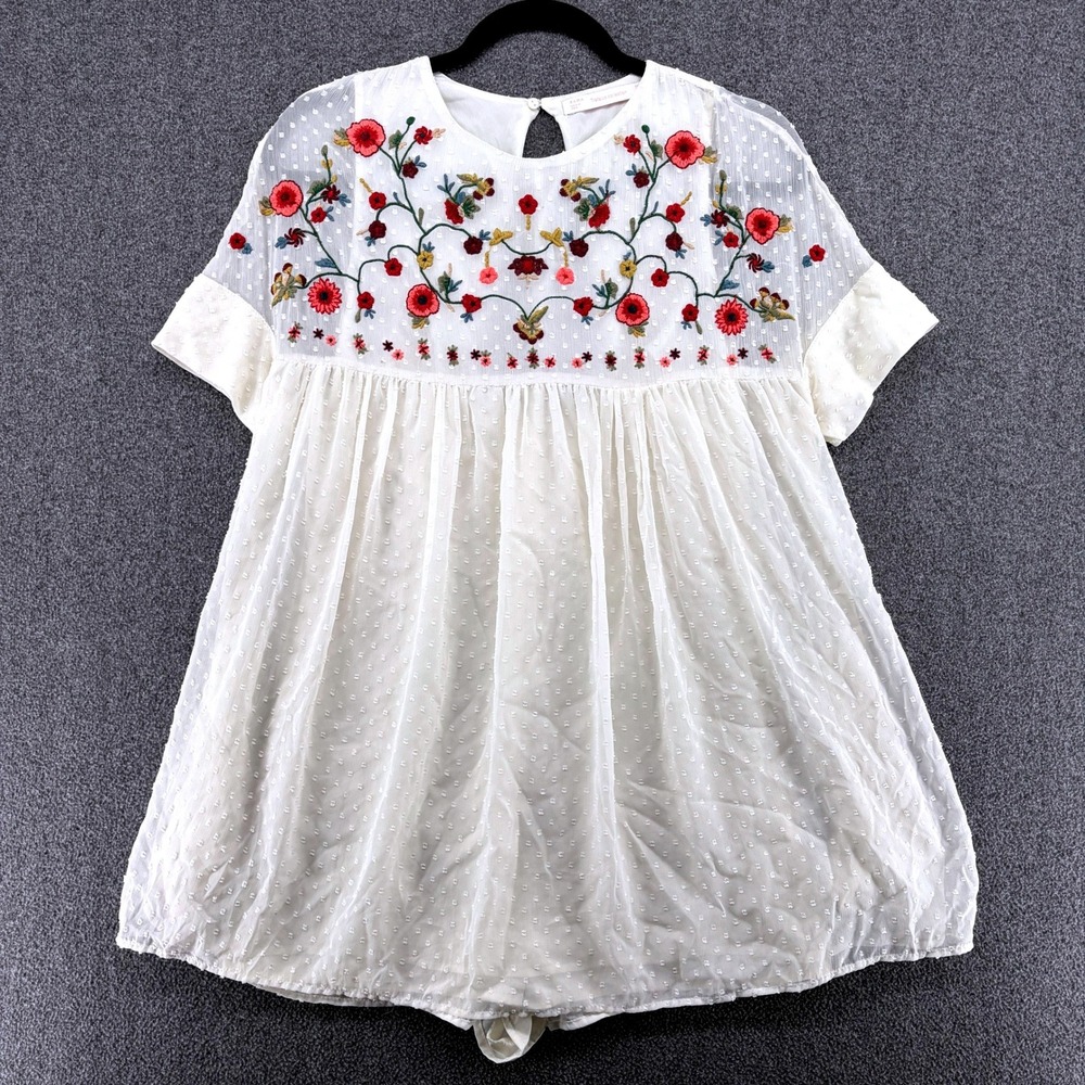 Zara Trafaluc Collection Ivory Floral Embroidered Babydoll‎ Romper XS